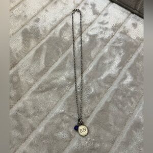 18” Chain Necklace with RN charm and blue faux sapphire bead